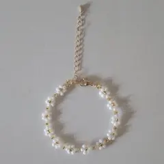 ビーズブレスレット 花 ホワイト×ゴールド アクセサリー フラワー 白 金色