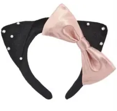 キティ カチューシャ USJ ユニバ 黒 ピンク リボン パール