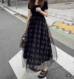 未使用チュールスカート ドッキングワンピース 半袖 ロング丈 黒