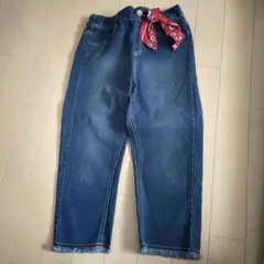 七分丈　デニムブルー ウエストゴム リボン付きパンツ