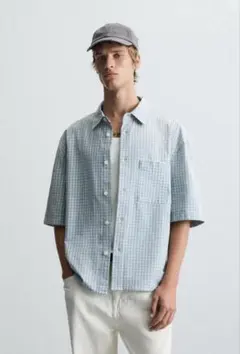 ZARA チェック柄 半袖シャツ ライトブルーのサムネイル