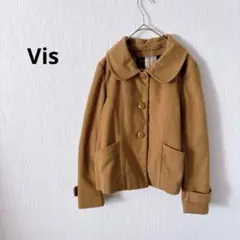 VIS ウールコート M キャメル ショート丈 丸襟 襟取り外し ノーカラー 冬