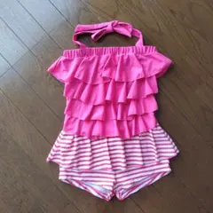 女の子 水着 140〜150 フリルワンピース ピンク ボーダーホルターネック