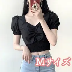 パフスリーブ 韓国 ブラウス トップス オルチャン 大丈夫 ミニ丈 ブラック M