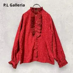 ピーエルガレリア フリルブラウス 赤 長袖 花柄 レトロ モダン M 3343