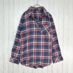 ロングシャツ　チュニック　レッド　ブルー【M】レディースシャツ　チェック柄