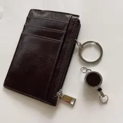 【新品】キーケース カードケース ミニ財布 ウォレット リール付き 定期券  茶