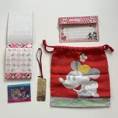 ミッキー＆ミニー　レトロ文具　5点セット　巾着　メモ帳　シール等　平成レトロ