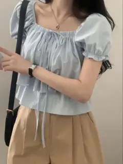 Nugu 夏リボンパフクロップド半袖Tシャツブラウスオフショル Sora