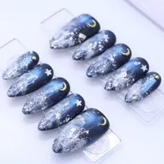 【664】ネイルチップSサイズ 月 星ホログラム グリッター 夜空　青マグネット