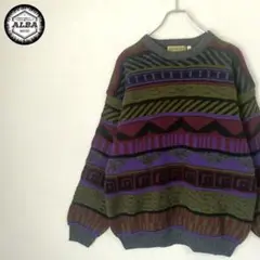 3Dニット　レトロ古着　ヴィンテージ　立体編み　マルチカラー　総柄　幾何学柄　L