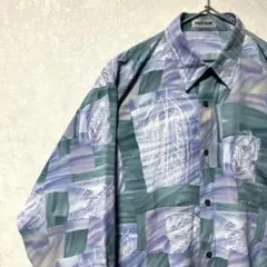 デザインシャツ　総柄　ヴィンテージ　レトロ　アート　リーフ柄　くすみカラー　長袖