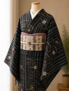 洗える着物　単衣　小紋　縦縞　花柄　ポリエステル　普段着 　着丈164㎝のサムネイル