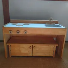 【日本製】木製ままごとキッチンデスク/キッズテーブル　pap&mam ワイドtype☆キッズデスク&おままごとキッチン☆木製 pap&mam【NA80】