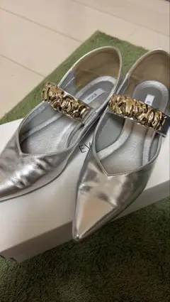 EVOL シルバー パンプス ゴールドパーツ 結婚式 ポインテッドトゥ 箱付き