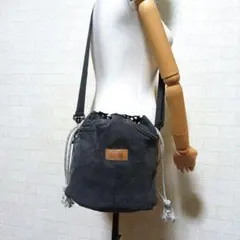 ■ダークグレー デニムポケットつき 巾着バック　リメイク　ハンドメイド