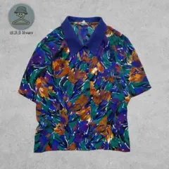 古着 アートシャツ 半袖 おしゃれボタン 総柄 13号 カジュアル