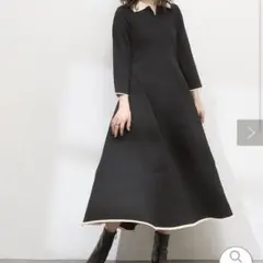 natural couture 配色スキッパーニットワンピース ブラック