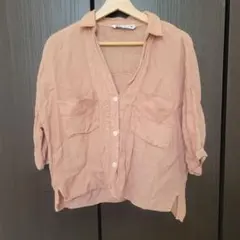 ZARA オレンジベージュ 五分袖シャツ L