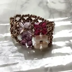 ハンドメイドビーズリング　パープル　ピンク　パール　紫　アンティークゴールド
