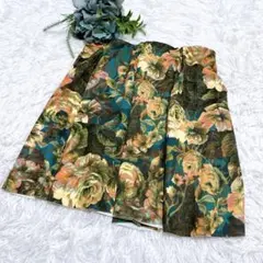 【ザラティーアールエフ】ミニスカート フレア 総柄 花柄 グリーン M 良品