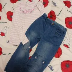 メゾピアノ130セット お花刺繍トップスと猫耳デニム