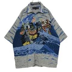 和柄 日本画 アロハ 半袖シャツ ポリシャツ 3XL相当 開襟 90s