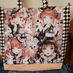 ハンドメイド、アリス風うさぎパネル生地、ビッグサイズトートバッグ