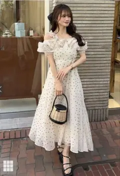 ドット柄フリルオフショルダーフレアロングワンピース[ru1165] Sサイズ