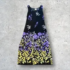 フラワープリント ノースリーブロングワンピース ブラック系