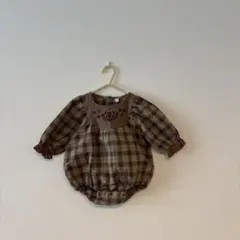 juo ロンパース　女の子　花柄　チェック　ブラウン　淡色　ベビー　ブラウス