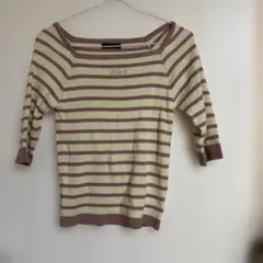 【未使用】ボーダーニット リブ 7分袖 L ピンク アイボリー