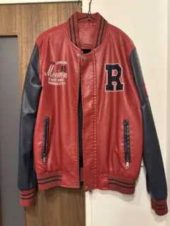 レザー スタジャン風ジャケット レッド/ネイビー