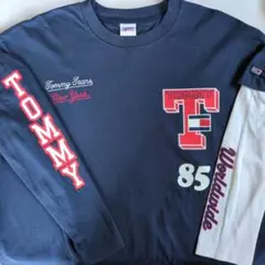 トミージーンズ ロンT L 紺 刺繍 ビッグロゴ 袖プリント 重ね着風デザイン