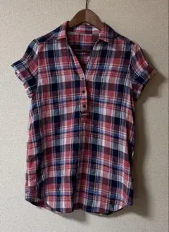 麻100% チェック柄 半袖シャツ　チュニック