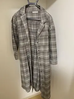 グレー系チェックロングコート ウエストリボン付き