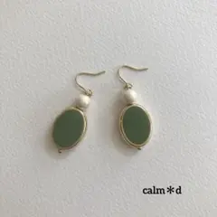 【117】くすみオリーブ コットンパール ゴールドピアス イヤリング