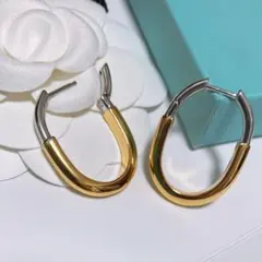 高品質　フープピアス　K18シルバー✖️ゴールドコンビ　純銀 上品 カギモチーフ