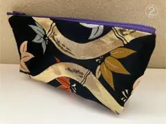 ハンドメイド 帯リメイク 横長 ポーチ バンブー柄 ②