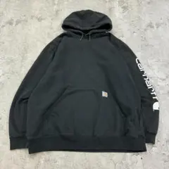 カーハート　ワンポイント　袖プリント　トップス　パーカー　古着　ブラック　XL