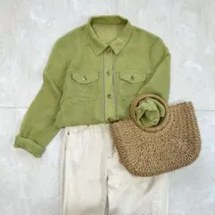 美品◎ ブラウス とろみシャツ 長袖 グリーン ナチュラル カジュアル