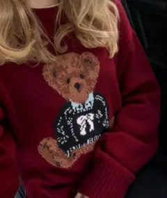 shein くま ニット バーガンディ