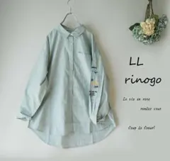 新品値引　春　ＬＬグリーンストライプ袖刺繍長め丈シャツブラウス長袖大きいサイズ