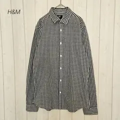 H&M スリムフィット ギンガムチェック柄 ロングシャツ S 黒×白