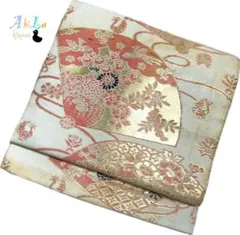 【E657】名古屋帯 名古屋仕立て ピンク 肌色 ゴールド 325cm 扇子