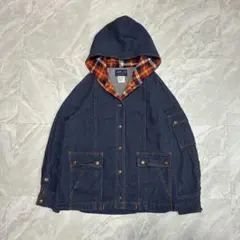 デニム フードジャケット チェック裏地 秋冬アウター カジュアル ヴィンテージ