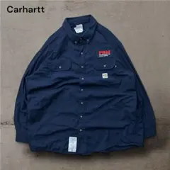 美品カーハート企業系ロゴワッペン刺繍長袖BDワークシャツPBM古着ネイビー紺