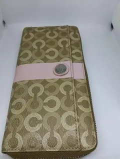 COACH コーチ シグネチャー柄 長財布 ブラウン ピンク ラウンドファスナー
