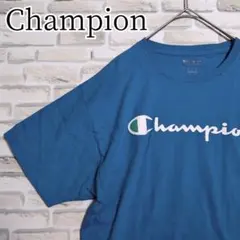 チャンピオン スクリプト筆記体ロゴプリントTシャツ 水色 アジアXL