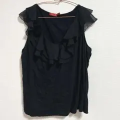 ELLE 【 XL 】フリル ノースリーブ トップス ブラック
